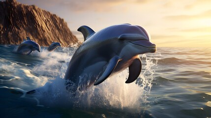 A pod of dolphins in playful interaction - obrazy, fototapety, plakaty