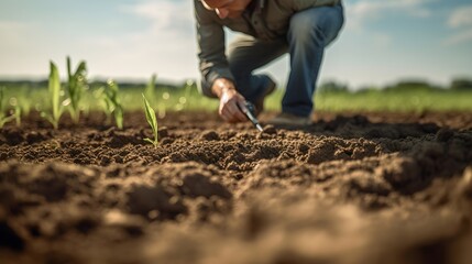 A scientist analyzing soil quality in an agricultural field - obrazy, fototapety, plakaty