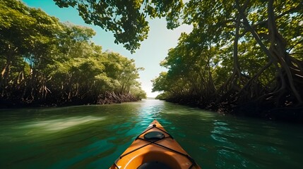 A serene kayaking excursion through calm mangrove waters, surrounded by lush greenery