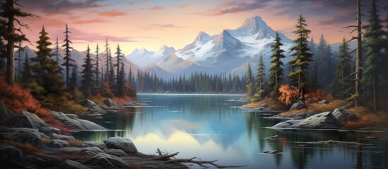 Scenic painting capturing a tranquil mountain lake with a majestic mountain towering in the distant background