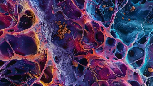 A magnified image of a neural tissue section showcasing the intricate patterns of glial cells that support and nourish the nerve cells.