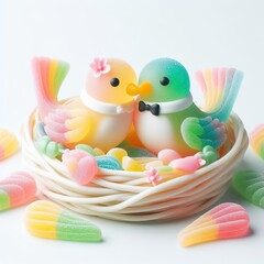 a couple wedding bird in nest made of pastel color rainbow gummy candy on a white background
Designer|1024 × 1024 jpg|1 min ago