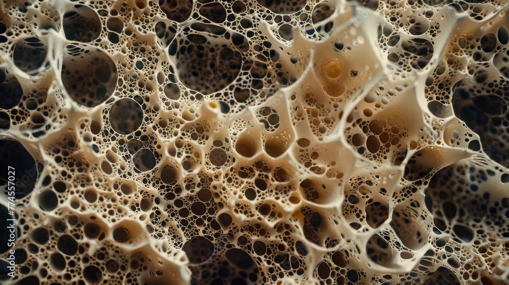 Poster a crosssection image of a mycelium mat revealing its intricate network of hyphae tubes extending thr