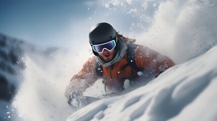 Adventurous snowboarders carving through fresh powder on a mountain slope - Powered by Adobe