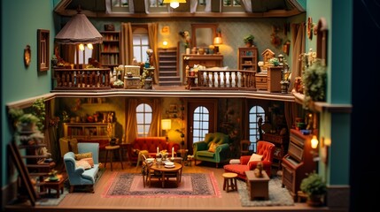 An enchanting dollhouse with intricate rooms and furnishings