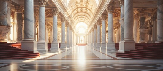 Obraz premium A grand hall is showcased with majestic columns and a striking crimson carpet leading the way