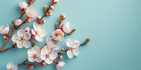 Beautiful cherry blossom flowers on serene blue background with space for text, flat lay composition, top view
