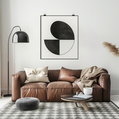 3D Render of a minimalist black and white poster with geometric design, adorning the wall of a hipster living room, on isolated white background, Generative AI
