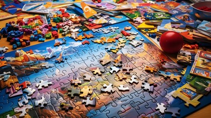 Colorful and educational jigsaw puzzles with varying complexity - obrazy, fototapety, plakaty