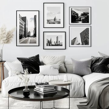 3D Render of a photography poster featuring black and white snapshots of urban landscapes, adding an artistic flair to a hipster living room, on isolated white background, Generative AI