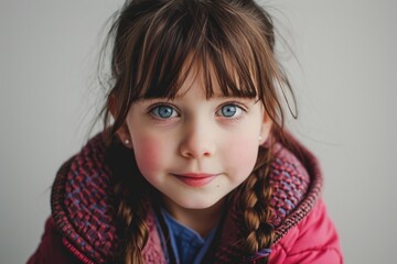 Portrait of a cute little girl with long braids and blue eyes