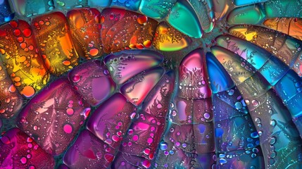 A colorful and abstract image of fungal sporangia with vibrant hues and intricate designs resembling a stained glass window.