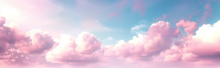 Beautiful background featuring a romantic blue sky adorned with soft, fluffy pink clouds, offering a panoramic and dreamy natural view. Made with generative AI technology. - obrazy, fototapety, plakaty