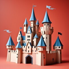 Obraz premium Papercut style of A pink castle with blue roofs sits on a pink background. There are three flags on top of the castle and two clouds on the left side.