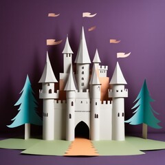 Obraz premium Papercut style of castle sits on a green and blue paper landscape against a purple background. There are paper trees and flags flying in the air.