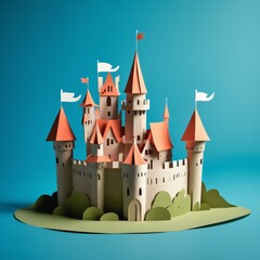 Obraz premium Papercut style of A paper castle with red roofs sits on a green base against a blue background. There are four white flags on top of the castle and two on the right side of the castle.