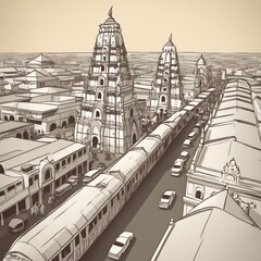 Papercut style of A train is on tracks running through a busy city street. There are cars and buses on the street, and two towers stand in the background.