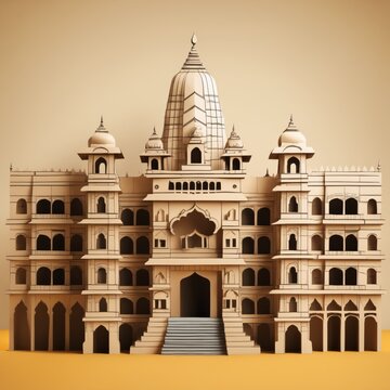 Papercut style of a palace, set against a tan background. The cutout is rendered in a warm brown color, and the palace has intricate designs, including multiple stories, domes, and arches. 