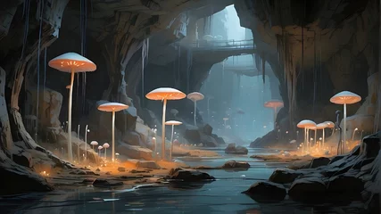 Foto op Plexiglas fountain in the night Underground caverns, luminescent fungi clinging to pipes, underground river flowing gently, echoes of distant machinery, tranquil ambiance, natural rock formations juxtaposed wit © Muzamil