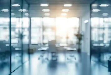 Beautiful blurred background of bright contemporary office space with panoramic windows and stunning lighting. Made with generative AI technology.