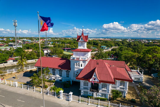 Kawit, Cavite, Philippines - Aerial of Emilio Aguinaldo Shrine and the Philippine Flag.
