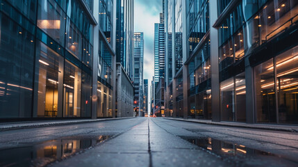 A quiet street is lined with tall silver buildings their sleek contours blending into the dimly lit sky. . .