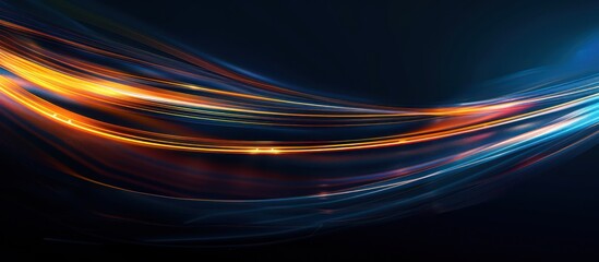 A dark backdrop sets the stage for this neon glowing abstract background, which includes blurred streaks of navy blue curved lines and light flare motion.
