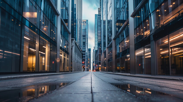 A quiet street is lined with tall silver buildings their sleek contours blending into the dimly lit sky. . .