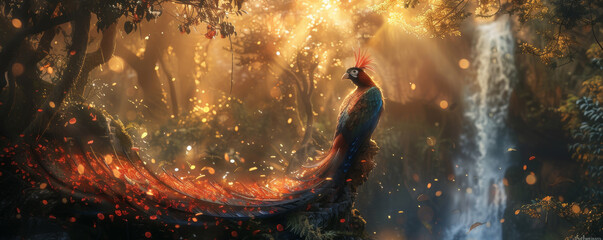 Mystical Phoenix with Radiant Feathers in Enchanted Forest Setting