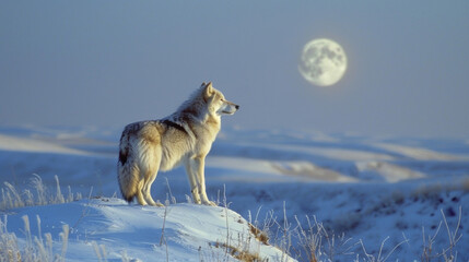 Fototapeta premium A lone wolf stands on a snowcovered hill its coat blending in with the surrounding landscape as it basks in the intimate glow of the . .