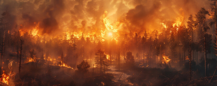Forest, wildfires raging, trees burning, animals fleeing, Realistic, Golden hour lighting, HDR