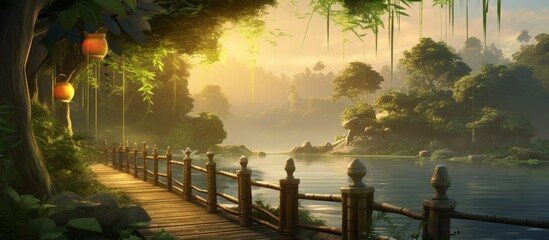 A serene wooden bridge stretches over a flowing river, adorned with charming lanterns hanging...