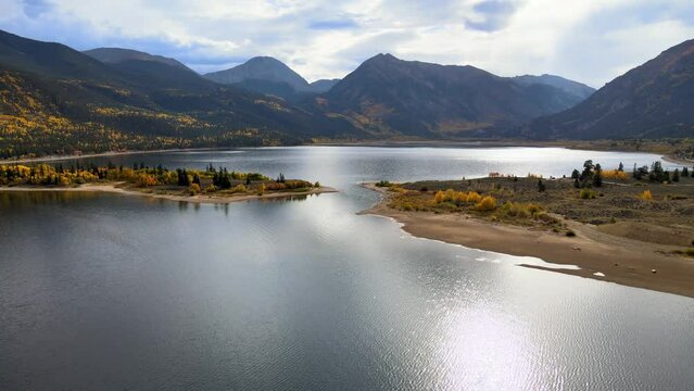 4k Aerial Drone Footage of Twin Lakes near Leadville Colorado with Autumn Fall Foliage