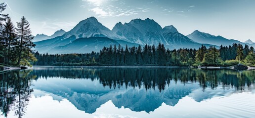 Majestic Lake Surrounded by Verdant Trees and Mountains - Powered by Adobe