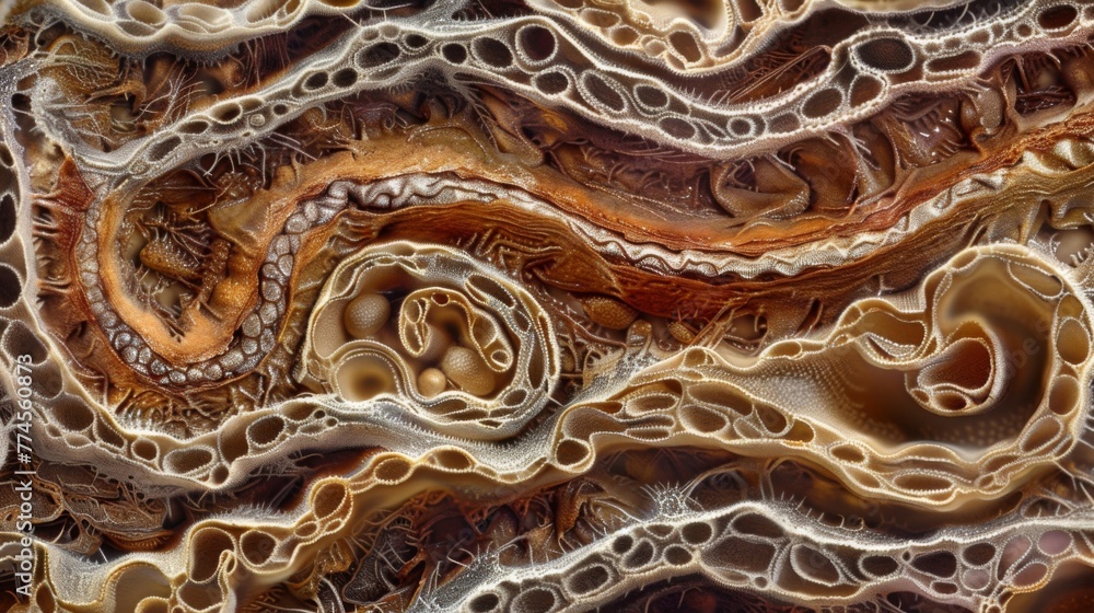 Poster a crosssection of intestinal tissue with long wormlike s visible throughout the layers. the s are ti