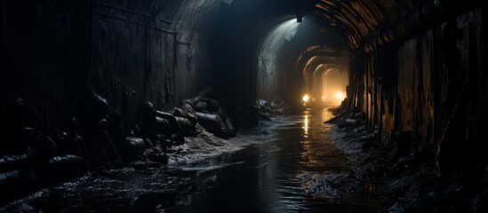 The dimly lit underground passage leads towards a glowing illumination at its far end - Powered by Adobe