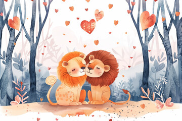Two lions cuddle among heart-shaped leaves, symbolizing love and warmth in a whimsical, enchanted forest