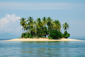 A serene island with lush palm trees and calm blue waters under a partly cloudy sky