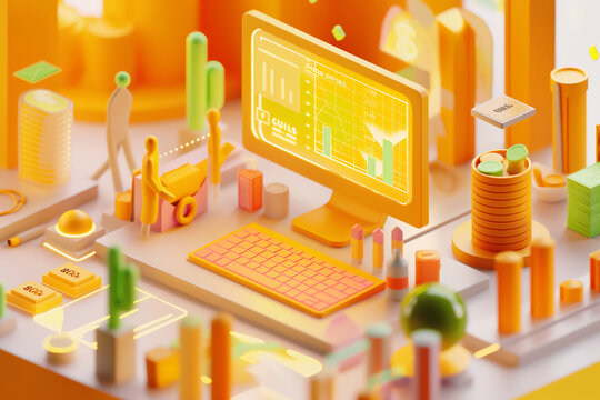 3D illustration of a meticulously crafted, colorful miniature model of an organized desktop with various office supplies displayed
