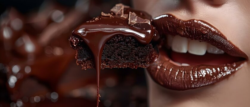 A woman's mouth eating a moist chocolate cake in a close-up shot created by AI. Concept Close-Up Shot, Food Photography, Dessert, Chocolate Cake, Portraiture