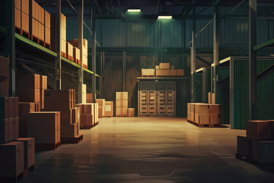 Illustration of a mysterious, dimly lit warehouse, with variously sized boxes stacked on shelves, evokes quiet and intrigue