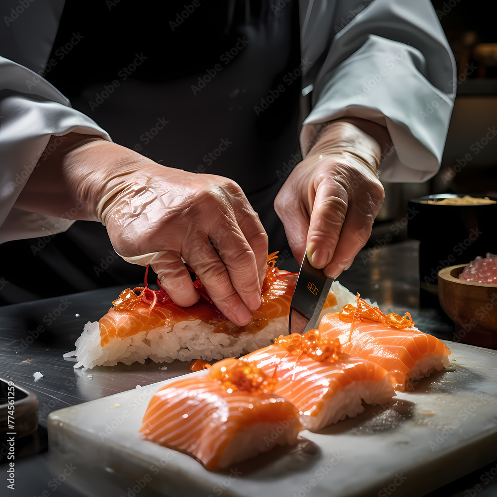 Canvas Prints A close-up of a chefs hands preparing sushi.