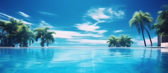 A serene pool surrounded by lush palm trees with a clear blue sky in the background