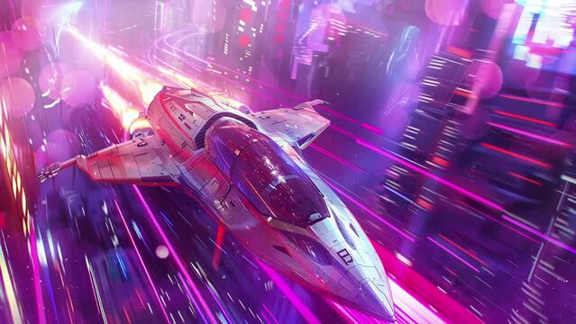 speed spaceship racing video game neon style city. seamless looping overlay 4k virtual video animation background