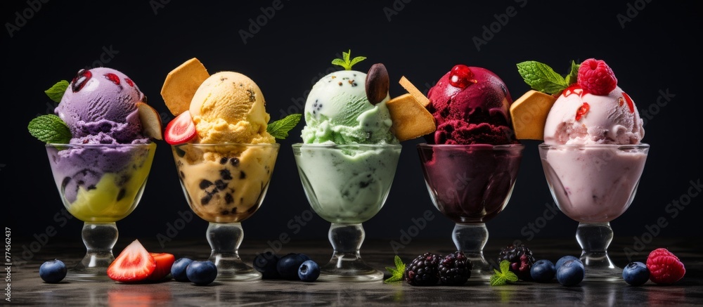 Poster a close-up view of a delightful selection of ice creams lined up with various flavors, ready to be e
