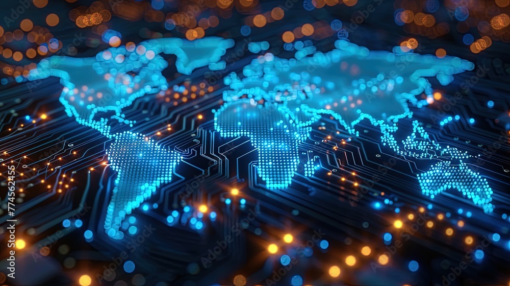 Poster the illuminated digital map of the world is engraved on a dark printed circuit board. innovative pc.