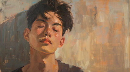 Sad Asian guy, grief, funeral, disappointment, heartbroken, empty space for writing