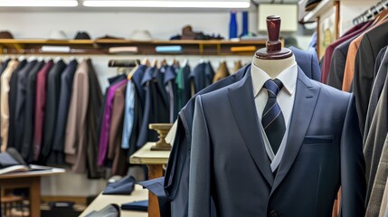 A new stylish suit on a mannequin awaits its customer in the atelier workshop. Make a statement with this formal suit, sure to turn heads. - obrazy, fototapety, plakaty