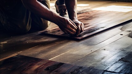 Man installing new laminated wooden floor. Crafting a beautiful and durable laminated wood floor. - obrazy, fototapety, plakaty