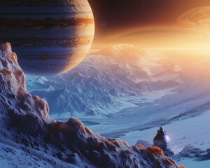 Cosmic expedition to explore the wonders of Jupiter and its icy moon Ganymede - obrazy, fototapety, plakaty